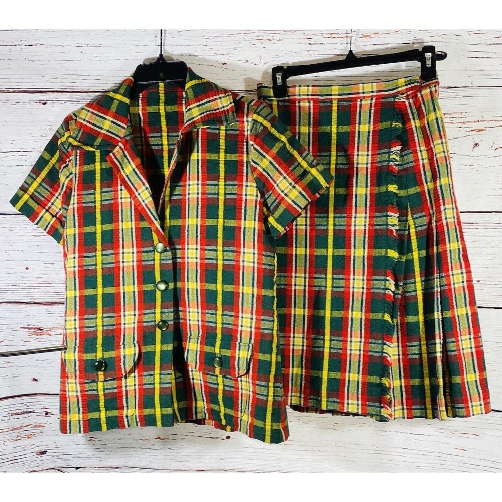 Vintage Plaid Jacket Skirt Set Handmade 1960s or 1970s Retro Green Red Yellow